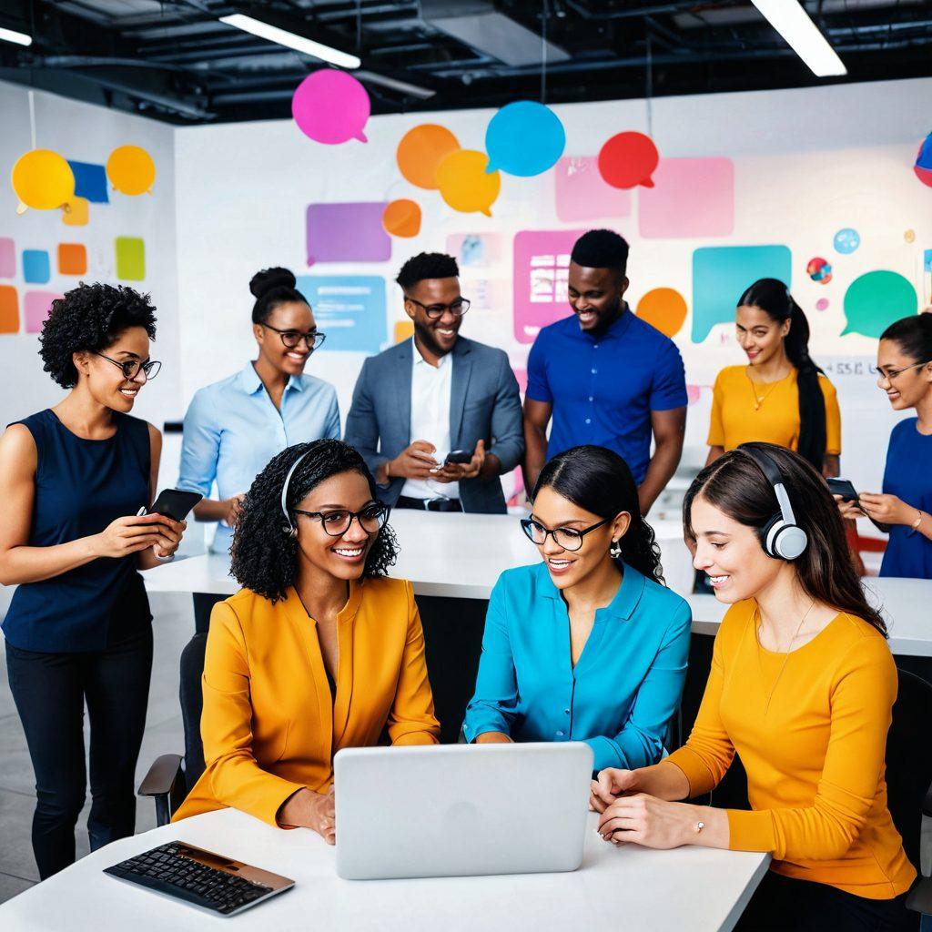 A dynamic scene depicting a diverse team of customer support representatives engaging with customers through multiple digital platforms such as smartphones, laptops, and tablets. The background showcases vibrant icons representing resource sharing, like documents and multimedia. Include visual elements that symbolize collaboration and engagement, such as chat bubbles and networking connections. The atmosphere is energetic and inviting, highlighting the power of technology in customer support. super-realistic. vibrant colors. 3D.