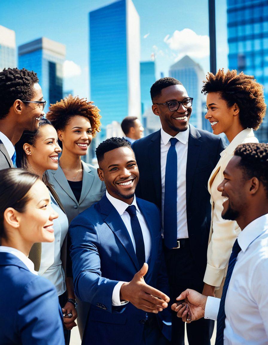 A dynamic visual of a diverse group of professionals engaged in a lively networking event, showcasing effective interpersonal communication. Include elements like smiling faces, handshakes, and conversation bubbles with tips on networking strategies. The backdrop should feature a modern cityscape, symbolizing career growth and opportunities. Emphasize warmth and connection in the atmosphere. super-realistic. vibrant colors. 3D.